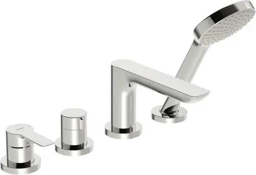 HANSALIGNA Armatur für Wanne und Brause in Chrom, bestehend aus einer Mischbatterie und einem Handbrauseset mit runder Brausekopf.